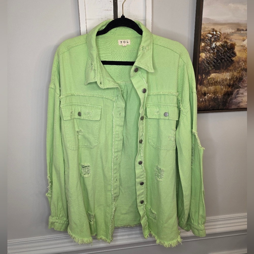 POL Distressed Button-Front Shirt Jacket in Light Green